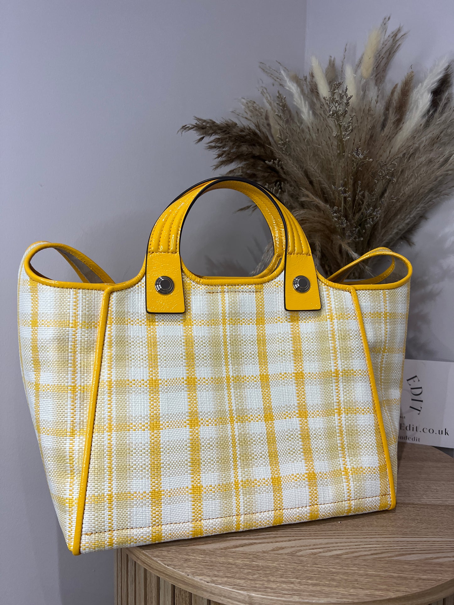 Tory Burch Leather Trim Rory Yellow Plaid Bag