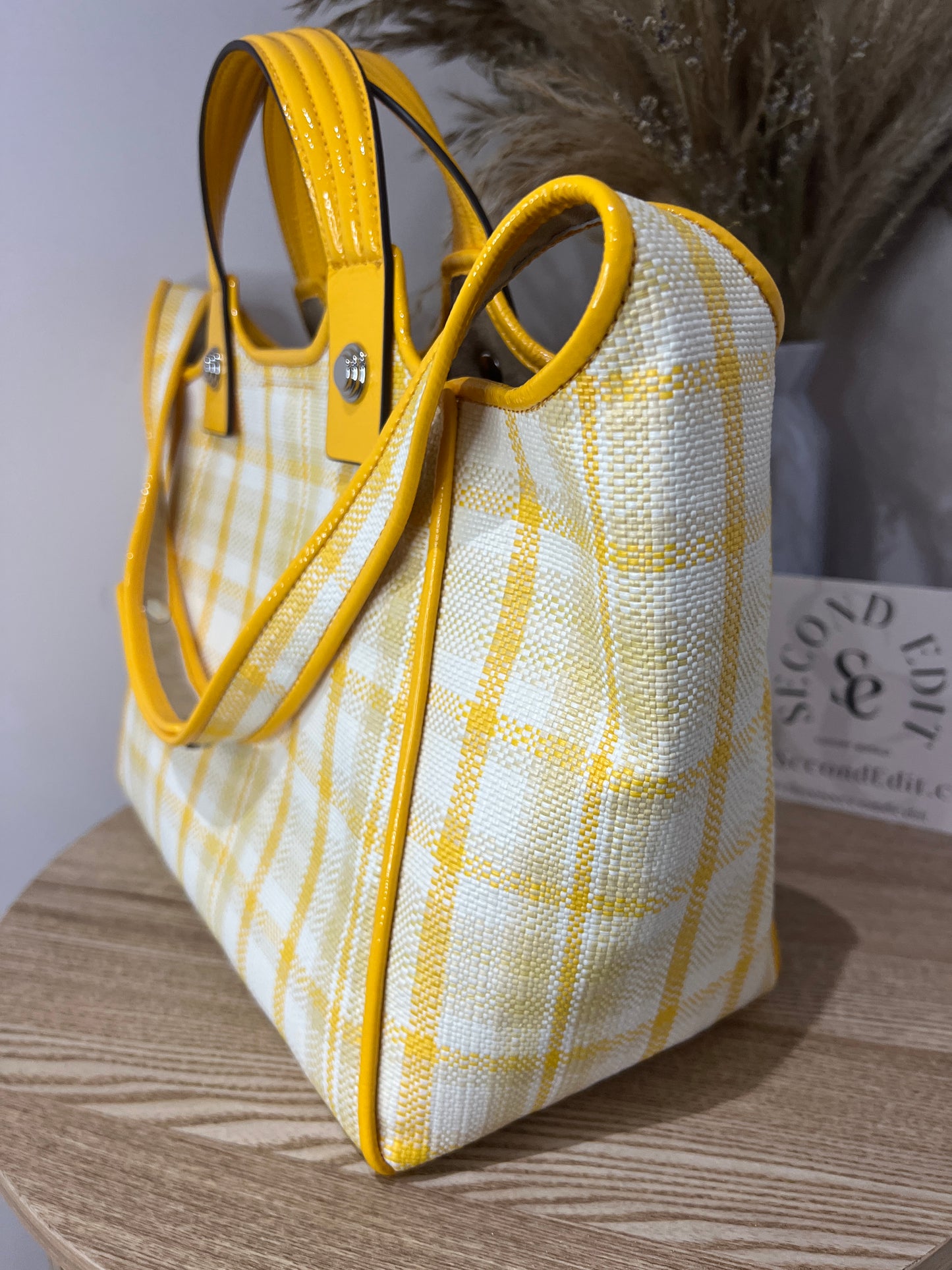 Tory Burch Leather Trim Rory Yellow Plaid Bag