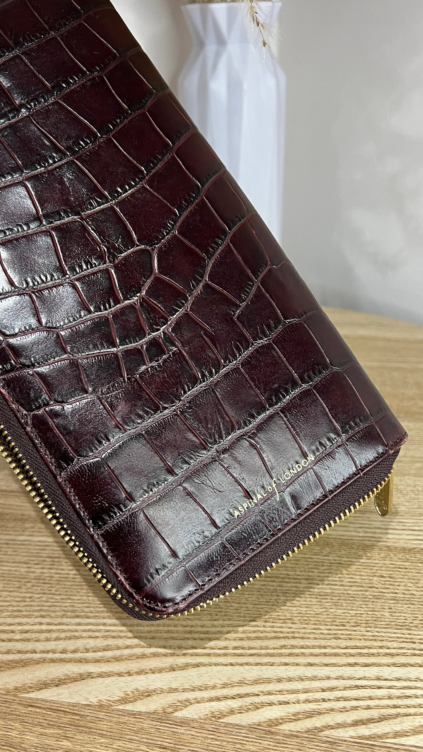 Aspinal of London Burgundy Croc Embossed Passport Holder
