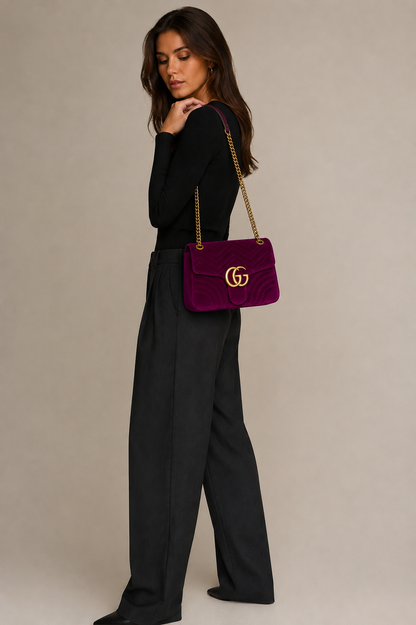 Gucci Marmont Medium Velvet Purple GG Crossbody Bag