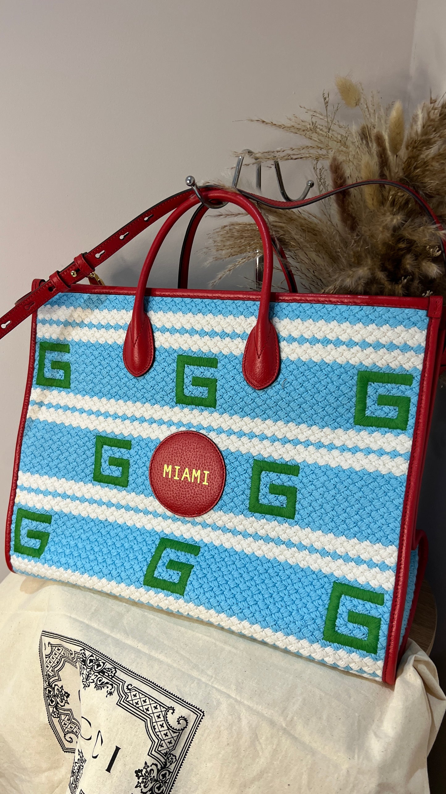 Gucci Miami Striped Woven Tote Bag