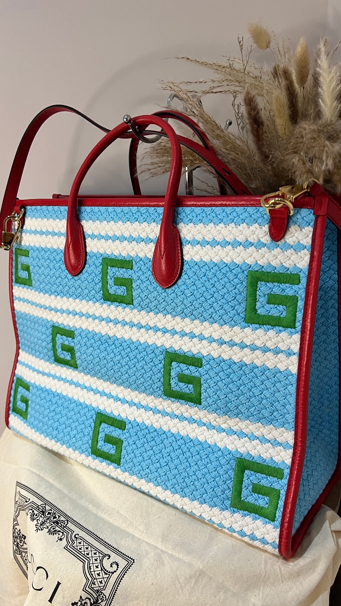 Gucci Miami Striped Woven Tote Bag