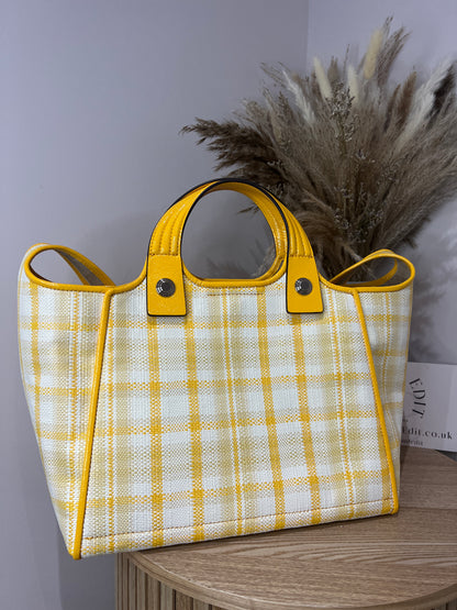 Tory Burch Leather Trim Rory Yellow Plaid Bag