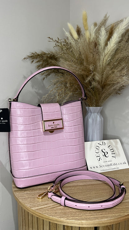 Kate Spade Reegan Croc Embossed Pink Leather Bucket Bag
