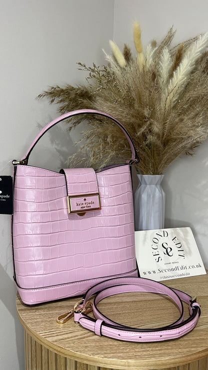 Kate Spade Reegan Croc Embossed Pink Leather Bucket Bag