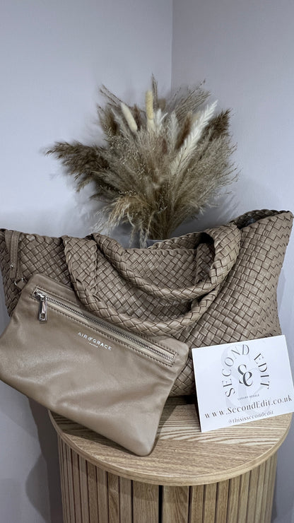 Air & Grace Taupe Woven Tote Lusso Bag and Pouch