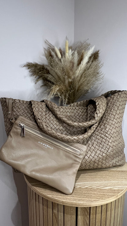 Air & Grace Taupe Woven Tote Lusso Bag and Pouch