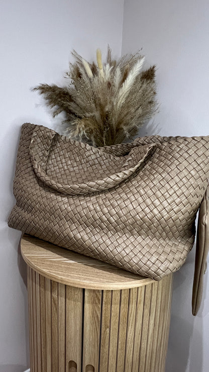 Air & Grace Taupe Woven Tote Lusso Bag and Pouch