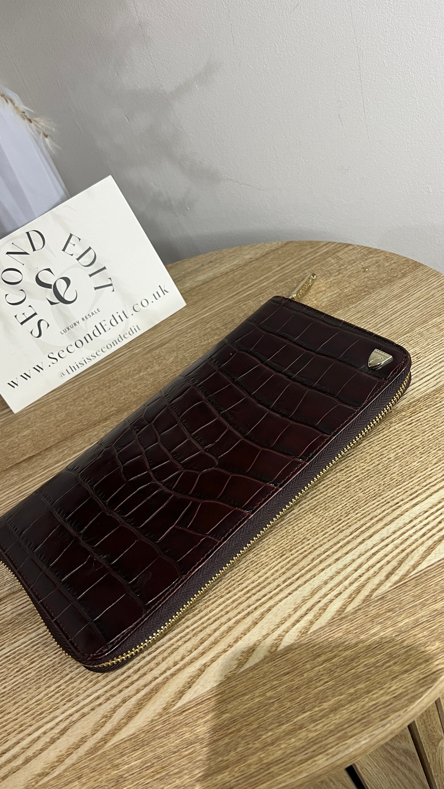 Aspinal of London Burgundy Croc Embossed Passport Holder