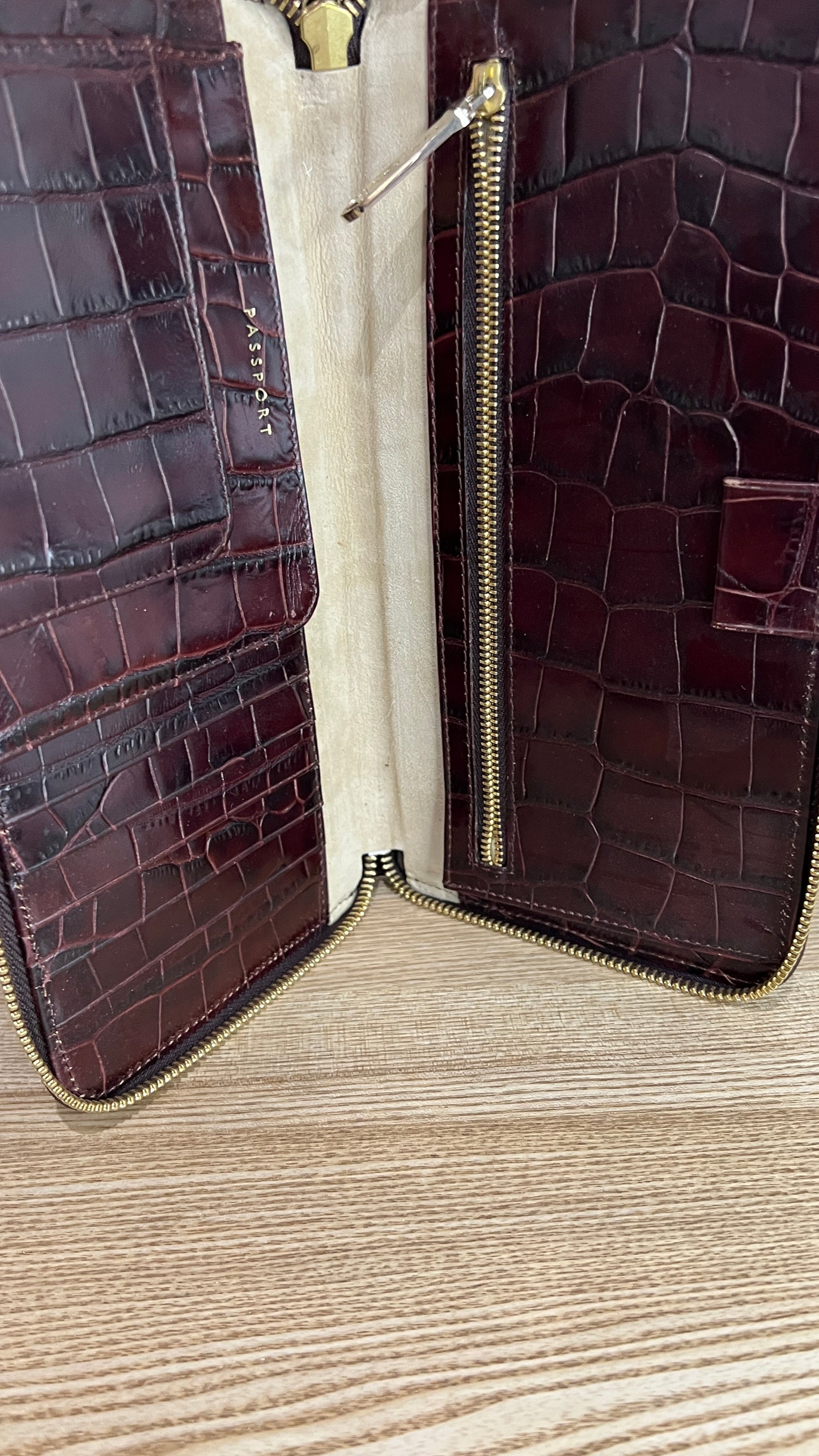 Aspinal of London Burgundy Croc Embossed Passport Holder