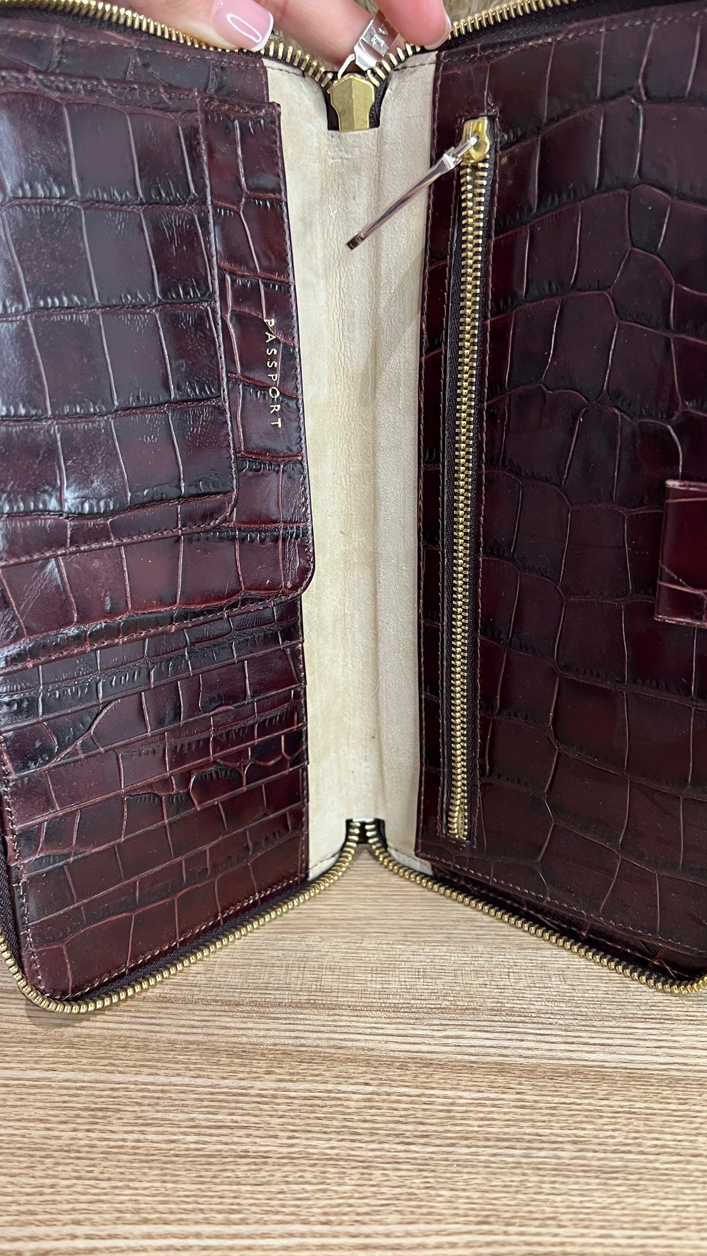 Aspinal of London Burgundy Croc Embossed Passport Holder