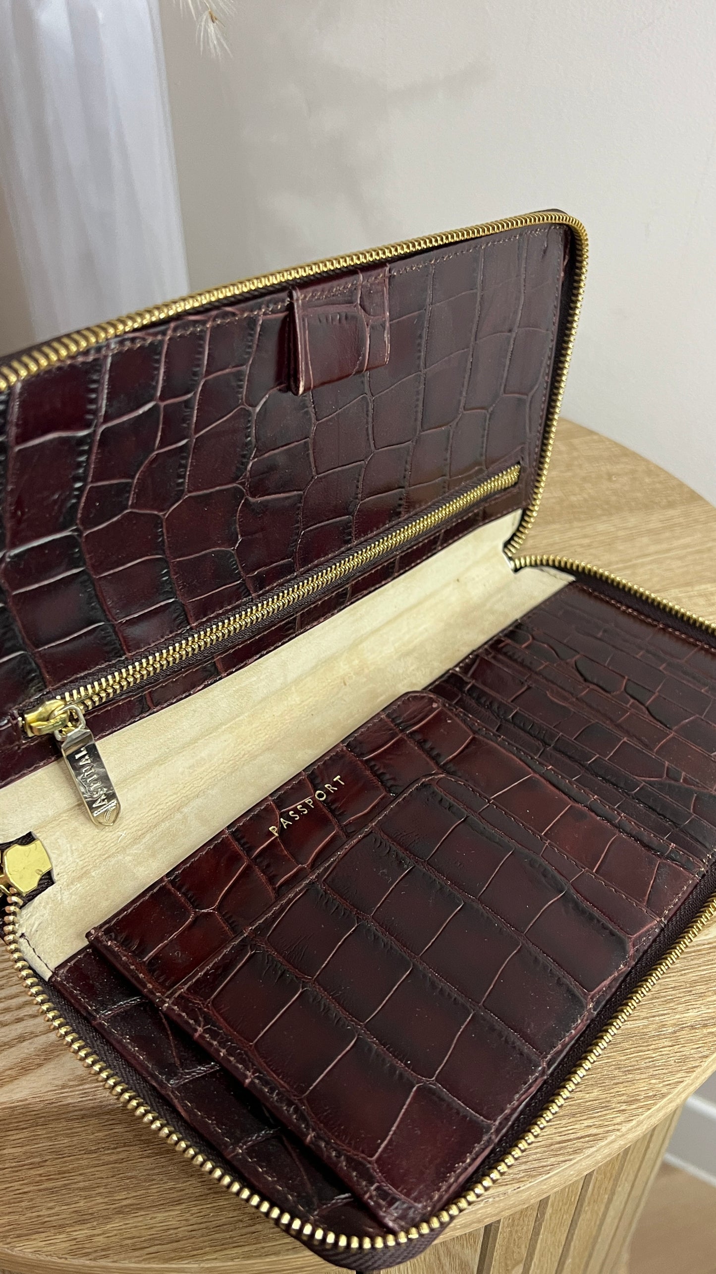 Aspinal of London Burgundy Croc Embossed Passport Holder